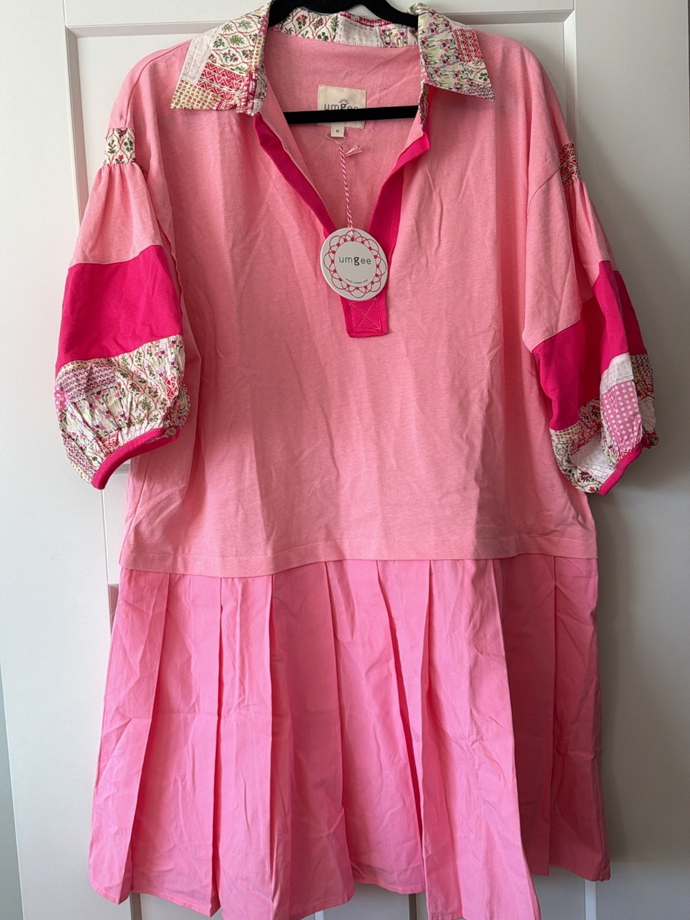 Umgee Pink Patchwork Polo Tunic Dress - Light Pink & Bright Pink